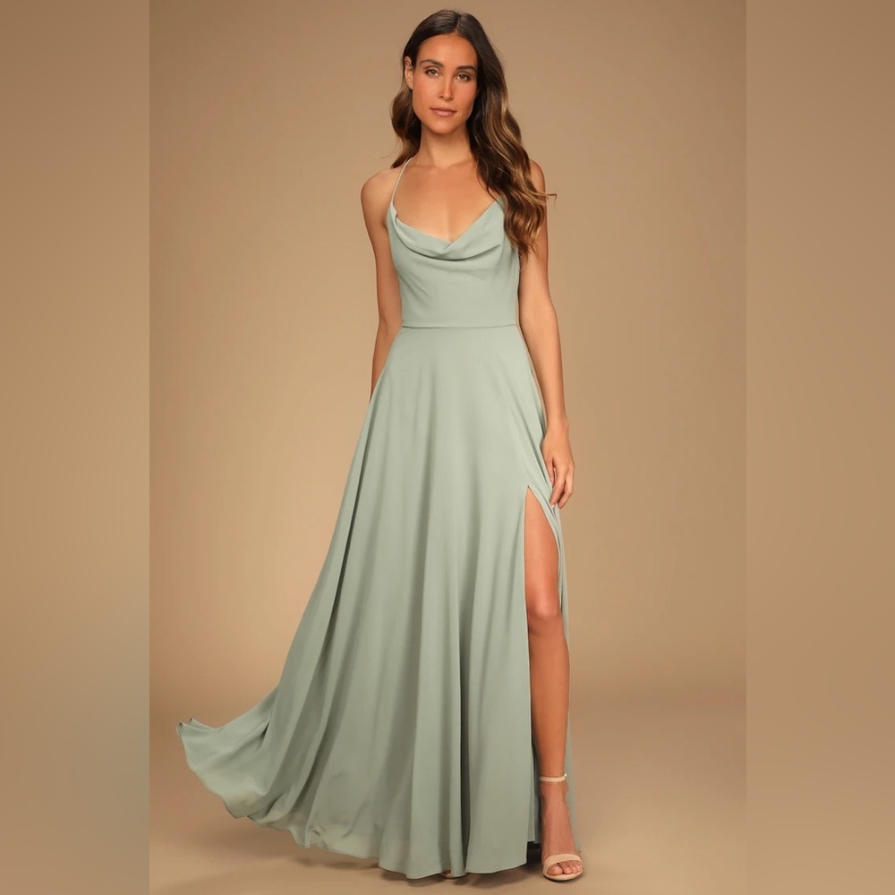 Lulus Romantically Speaking Sage Green Cowl Lace-Up Maxi Dress